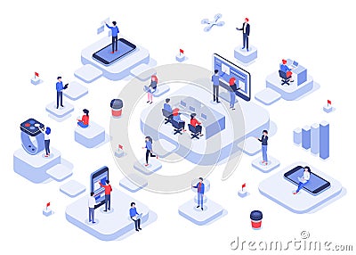 Isometric work team. Cloud workplaces platforms, modern teams workflow process and development company startup 3d vector Vector Illustration