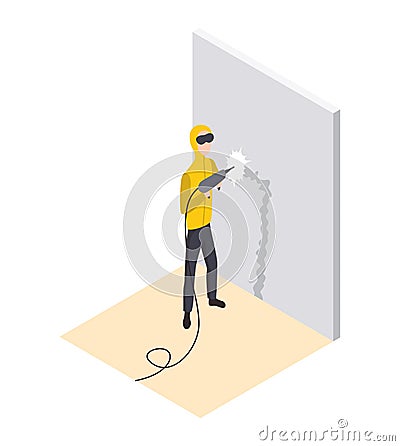 Isometric worker. Home repair isometric form with craftsman who makes a strobe for wiring. Professional people with Vector Illustration