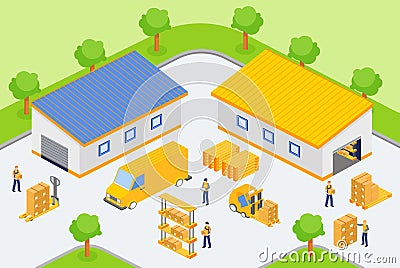 Isometric workers loading and unloading vehicles in yard of warehouse company. Vector Illustration