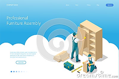 Isometric workers of manufacture with professional tools during furniture assembly. Furniture assembly concept. Vector Illustration