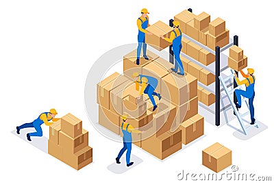 Isometric Workers in a warehouse collect boxes Vector Illustration