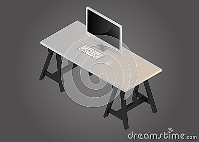 Isometric working table with computer mouse and keyboard on top Stock Photo