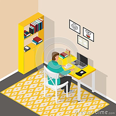 Isometric workplace in the room. Computer desk with laptop and books. The man is sitting at the table and writing. Vector Illustration