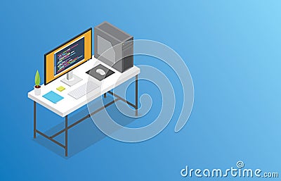 Isometric workspace with big space for banner or free text vector Cartoon Illustration