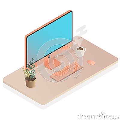 Isometric workspace Computer monitor on table Stock Photo