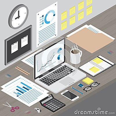 Isometric workspace laptop on office desk Vector Illustration