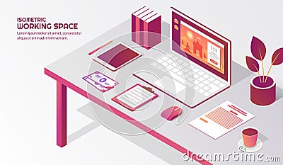Isometric workspace elements on the table Vector Illustration