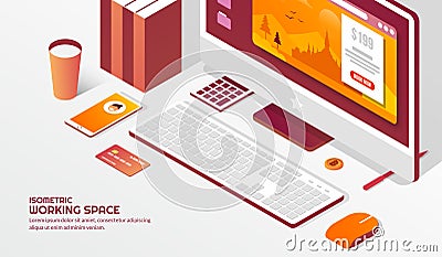 Isometric workspace elements on the table Vector Illustration