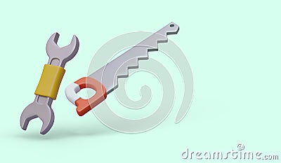 Isometric wrench and handsaw on color background. Symbols of repair, manual work Vector Illustration