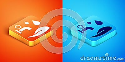 Isometric Wudhu icon isolated on orange and blue background. Muslim man doing ablution. Vector Vector Illustration