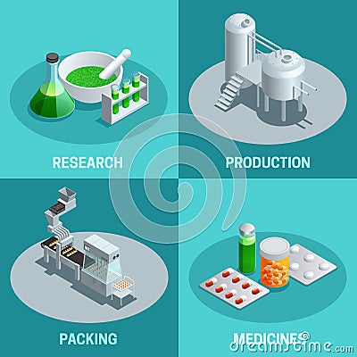 Isometric 2x2 Compositions Pharmaceutical Production Vector Illustration