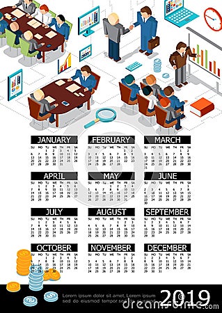 Isometric 2019 Year Business Calendar Template Vector Illustration