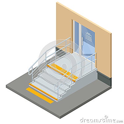 Isometric yellow braille block and gray stairs for blind handicap. Yellow tactile pavement for the visually impaired on Vector Illustration