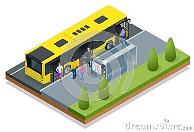 Isometric yellow City Bus at a bus stop. People get in and out of the bus. Public transport with driver and people. Vector Illustration