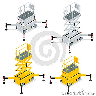 Isometric Yellow Engine Powered Scissor Lift isolated on white background. Vector illustration in a flat style. Modern Vector Illustration