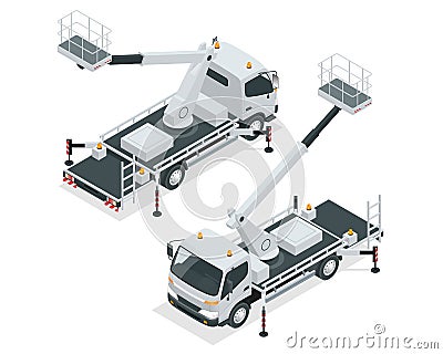 Isometric Yellow Engine Powered Scissor Lift isolated on white background. Vector illustration in a flat style. Modern Vector Illustration