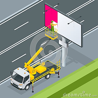 Isometric Yellow Engine Powered Scissor Lift. Worker with the help of an automobile tower change a poster on a billboard Vector Illustration