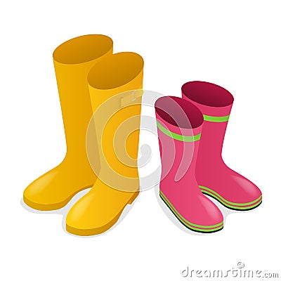 Isometric yellow and pink rubber boots on white background. Vector Illustration