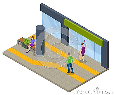 Isometric yellow tactile paving for the visually impaired on the sidewalk. Braille on the road used by people who are Vector Illustration