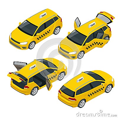 Isometric yellow taxi car with open and closed doors back and front view isolated on white. Icon taxi car set Vector Illustration