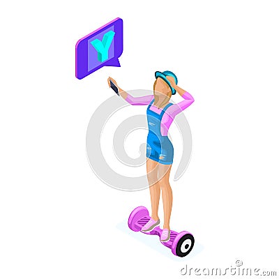 Isometric young girl shoots video and communicates in social networks on the tablet, maintains her blog. Teenagers and gadgets Vector Illustration