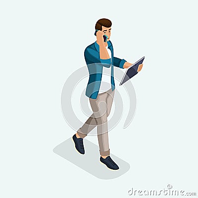 Isometric a young man goes ahead, business negotiations by phone and tablet. The emotional gestures of the people Vector Illustration