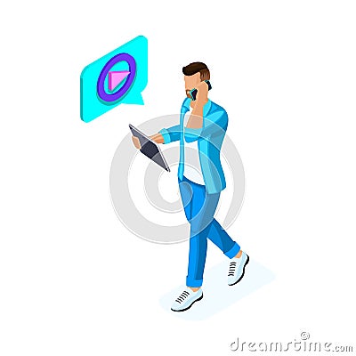 Isometric young man watches video and communicates Vector Illustration