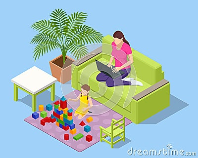 Isometric young mother works remotely from home, child playing in the room. Young woman working from home, while in Vector Illustration