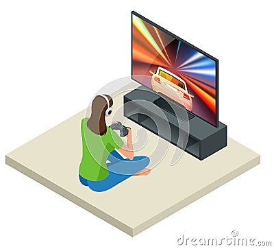 Isometric young woman plays video game on TV using Gamepad. Driving car in video game. Gaming addiction concept. Flat Vector Illustration