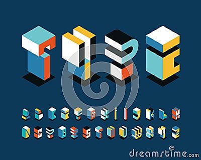 Isometrical english alphabet, bright shapes` graphical decorative type Vector Illustration