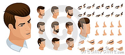 Isometrics create your emotions to a brutal man, handsome. Sets of 3D hairstyles, faces, eyes, lips, nose, facial expression Vector Illustration