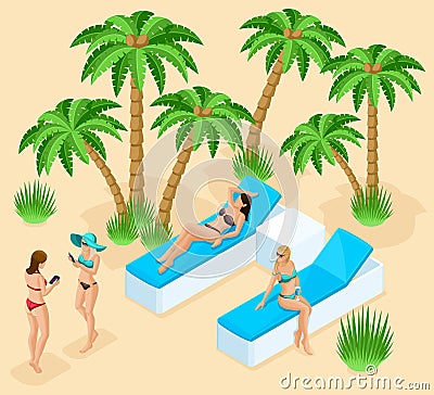 Isometric People 3d Girl in Bathing Suits Beachn Vector Illustration
