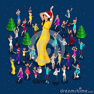 Isometrics people celebrate Christmas, party dancing around the Christmas tree, a big girl in a beautiful dress Vector Illustration