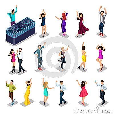 Isometrics people dance, happiness is fun, a set of men and women for a party, a DJ with a remote control. quality illustration Vector Illustration