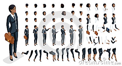 Isometrics people emotions face, create your character. 3d business of an African American woman with a set of emotions Vector Illustration