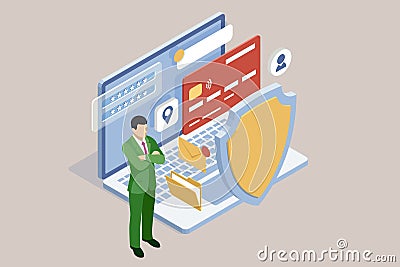 Isometrics protect data and confidentiality. Safety and confidential data protection, concept with character saving code Vector Illustration