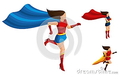 Isometrics A set of superhero girls in different suits, runs, a cloak and hair develops, a 3D woman, heroes, rescuers Vector Illustration