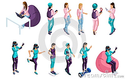 Isometrics set of vector people, 3d characters teenagers, girls, gamers. Front view rear view. Summer vector illustration Vector Illustration