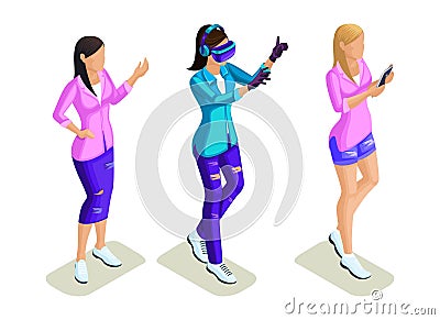 Isometrics young people, stylish girls, teenagers, playing virtual games, selfie, social networking Vector Illustration
