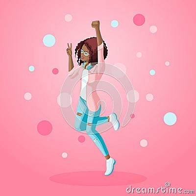 Isometry of an African American girl jumps, rejoice, young teenager, generation Z, curly hair develops. Summer spring vector Vector Illustration