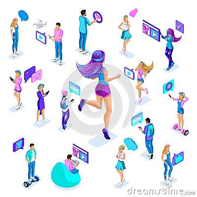 Isometry of a big girl jumping, having fun, happy with colorful hair, bright magical hair behind, people teenagers with gadgets in Vector Illustration