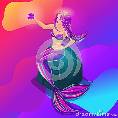 Isometry is a bright mystical mermaid, is located on the rocks of the magical ocean, a holographic background Vector Illustration