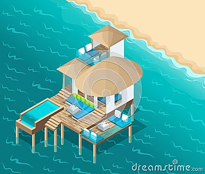 Isometry chic bungalow on the Maldive Islands near the shore, a magnificent room in the middle of the ocean, luxury vacation Vector Illustration