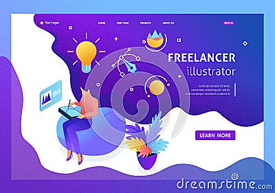 Isometry girl designer works, draws, dreams, creates design. Freelancer illustrator. Website Template Landing page Stock Photo