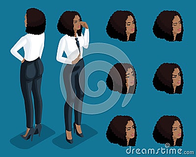 Isometry girl emotions, hand gestures business lady, lawyers, bank workers, 3d face expression, front view rear view Vector Illustration