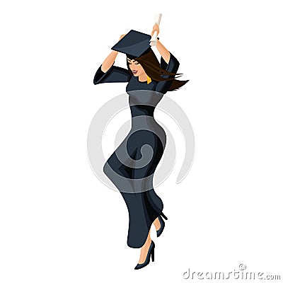 Isometry girl graduate, jumping rejoices, academic attire, diploma, mantle, academic cap, graduation ceremony at the university Vector Illustration