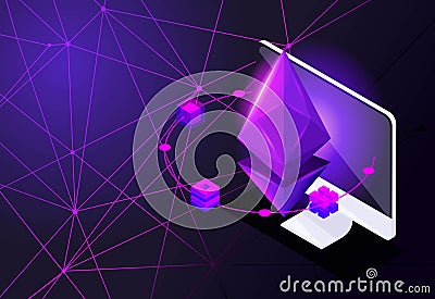 Isometry icon Blockchain Ethereum Crypto Currency Network, analysts and managers working on crypto start up, laptop, computer, tab Vector Illustration