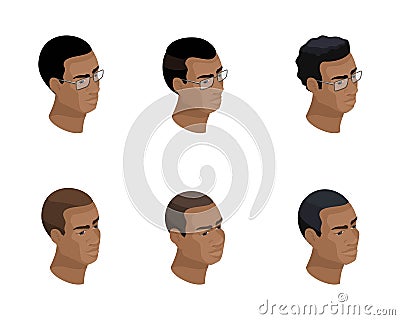 Isometry of an icon of a head of a hairstyle of an African-American, 3D faces, eyes, lips, a man`s emotions Vector Illustration
