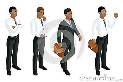 Isometry icons emotions male African American, 3d business men, general manager, attorney. Expression of face, hairstyle Vector Illustration