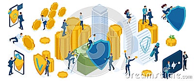 Isometry icons set to protect money and wealth by businessmen, investors, bankers, security service, shield Vector Illustration